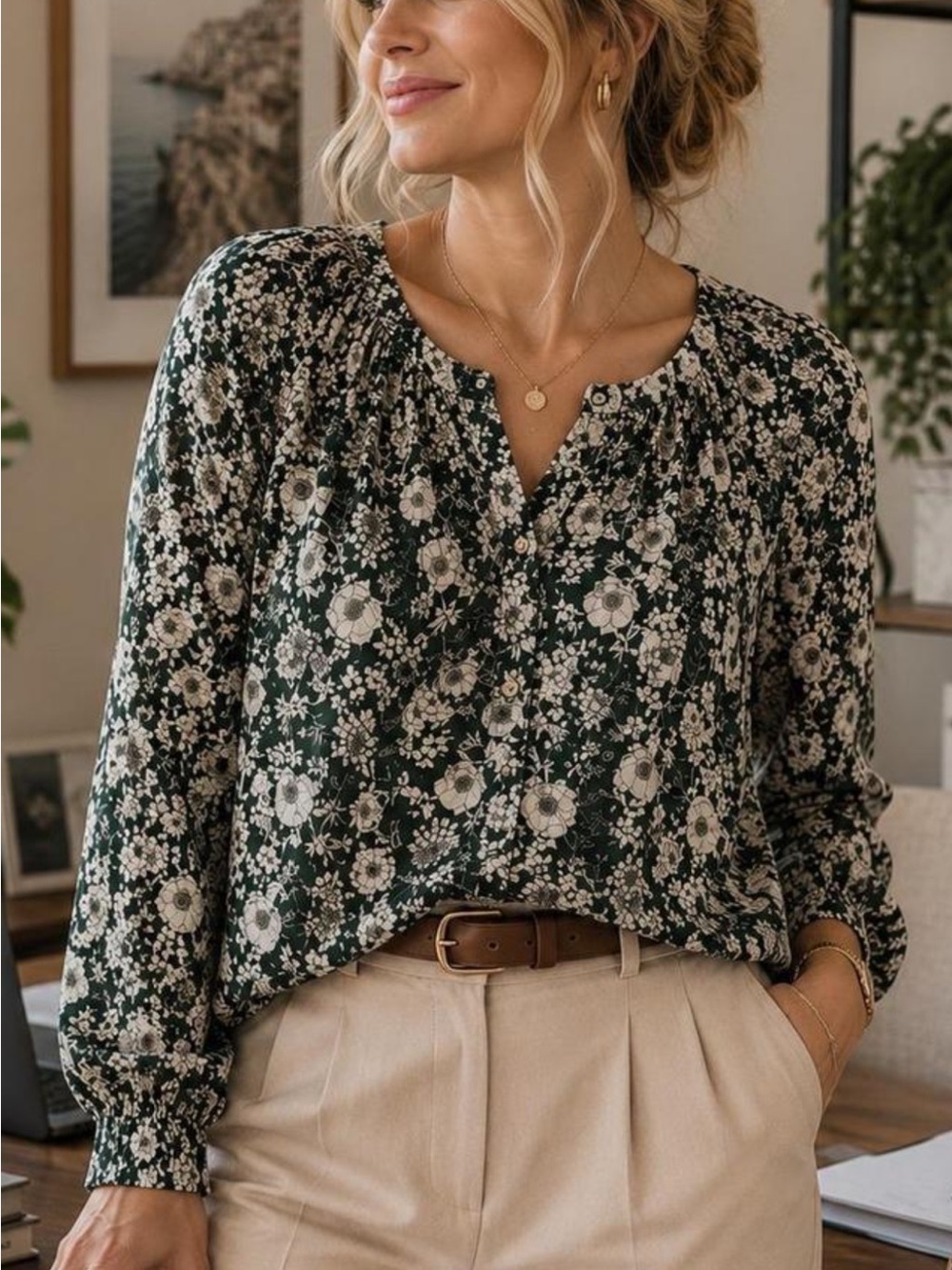 CAbi Dark Green Floral Button-Front Blouse